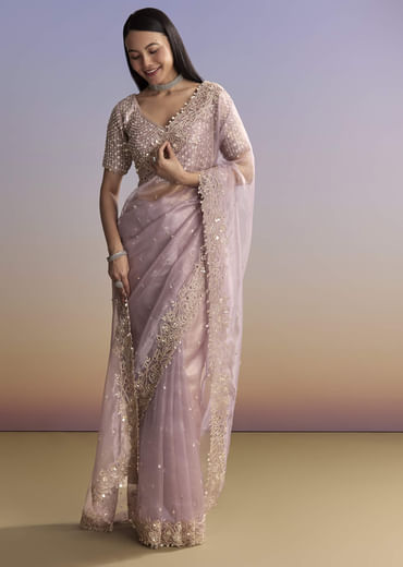 Lavender Tissue Embroidered Saree With Resham And Sequin Work