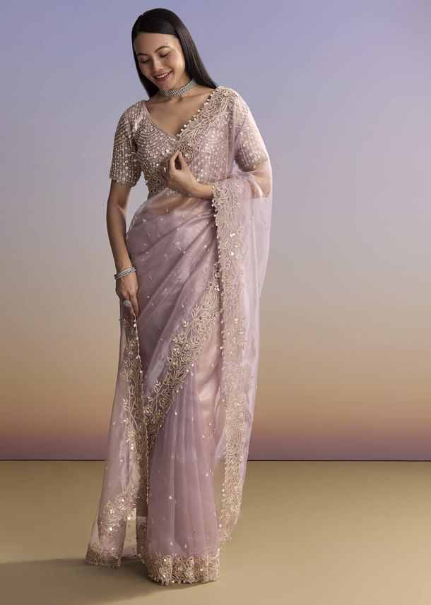 Lavender Tissue Embroidered Saree With Resham And Sequin Work