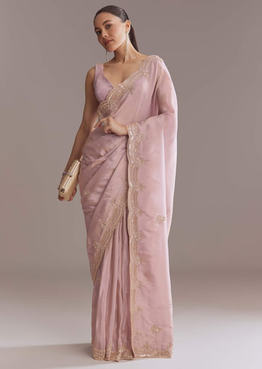 Lavender Tissue Saree With Heavy Hand Embroidery