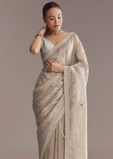 Lavender Tissue Saree With Zardosi And Emerald Stone Embroidery