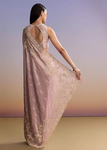 Lavender Tissue Saree With Zardosi And Sequin Embroidery