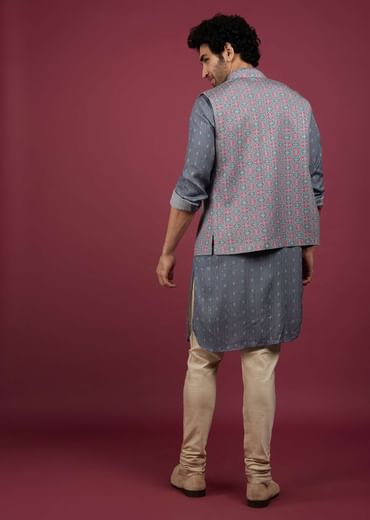 Mauve Purple Silk Printed Bandi And Kurta Set With Zari Work
