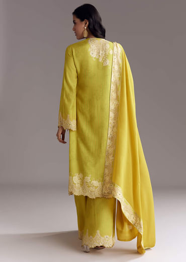 Lemon Green Printed Palazzo Set With Mirror Work