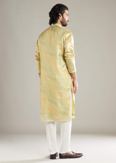 Lemon Yellow Silk Kurta Set For Men With Mirror Work