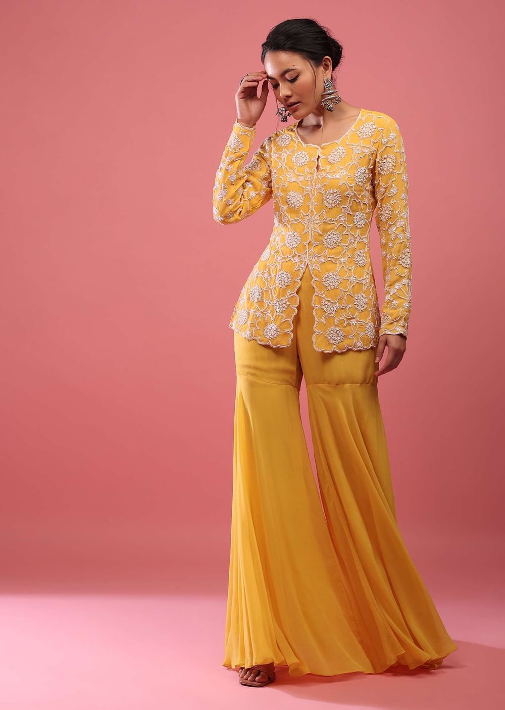 Chrome Yellow Sharara Suit In Georgette With Fully Embroidered Top And Flowy Pants