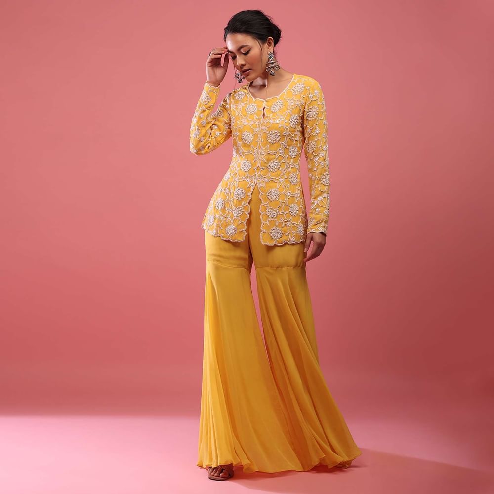 Chrome Yellow Sharara Suit In Georgette With Fully Embroidered Top And Flowy Pants