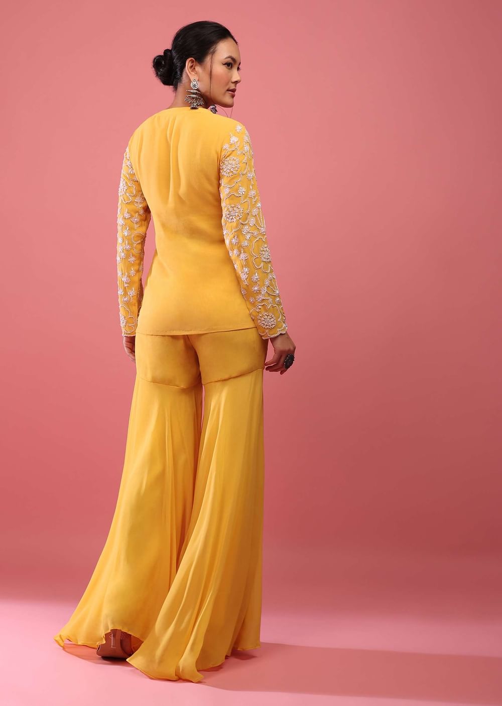 Chrome Yellow Sharara Suit In Georgette With Fully Embroidered Top And Flowy Pants