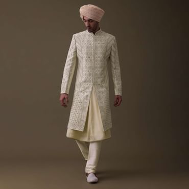 Lemon Yellow Embroidered Sherwani Set In Silk With Mala And Anarkali Line Kurta