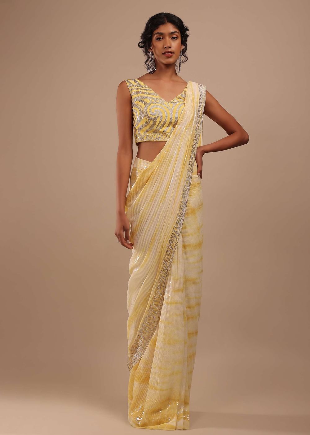 Lemon Yellow And Off-White Ombre Ready Pleated Sequins Saree With Multi-Color Beads Embellishment In Floral Detailing On Pallu Border
