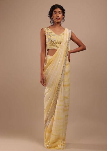 Lemon Yellow And Off-White Ombre Ready Pleated Sequins Saree With Multi-Color Beads Embellishment In Floral Detailing On Pallu Border