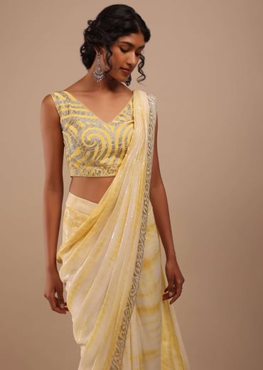 Lemon Yellow And Off-White Ombre Ready Pleated Sequins Saree With Multi-Color Beads Embellishment In Floral Detailing On Pallu Border