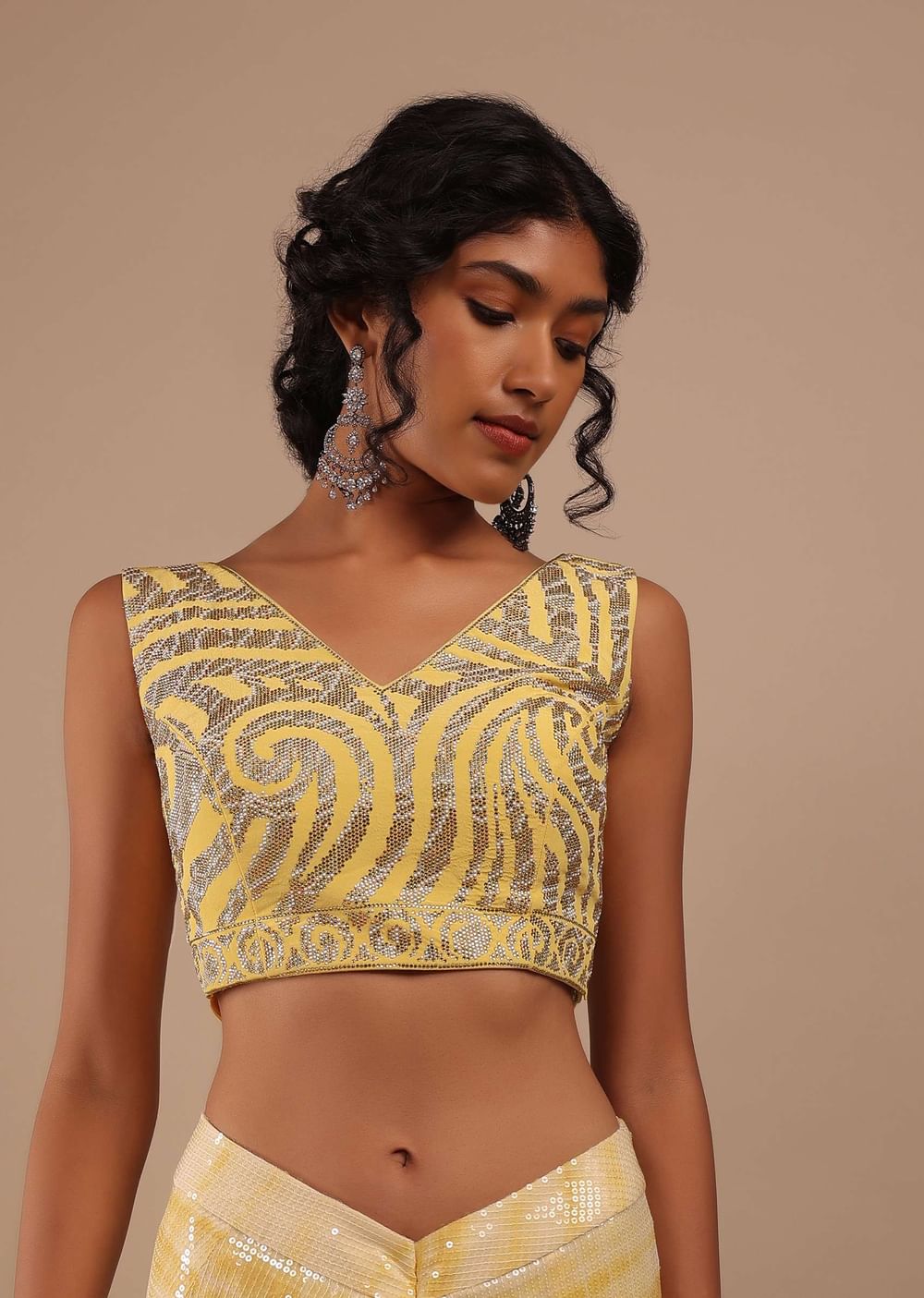 Lemon Yellow And Off-White Ombre Ready Pleated Sequins Saree With Multi-Color Beads Embellishment In Floral Detailing On Pallu Border