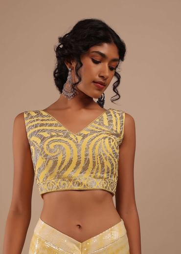 Lemon Yellow And Off-White Ombre Ready Pleated Sequins Saree With Multi-Color Beads Embellishment In Floral Detailing On Pallu Border
