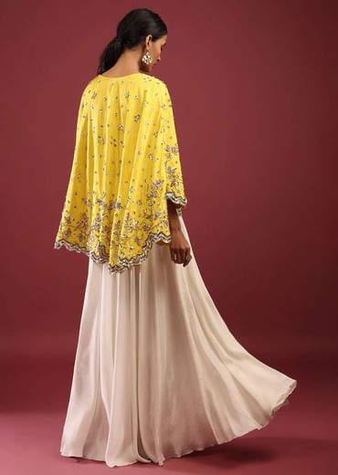 Lemon Yellow High Low Cape And White Palazzo Suit With Sequins And Zardosi Flowers