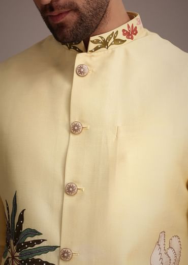 Lemon Yellow Silk Thread Work Kurta Jacket Set