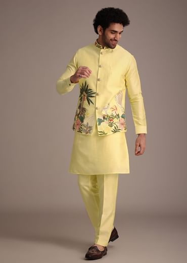Lemon Yellow Silk Thread Work Kurta Jacket Set