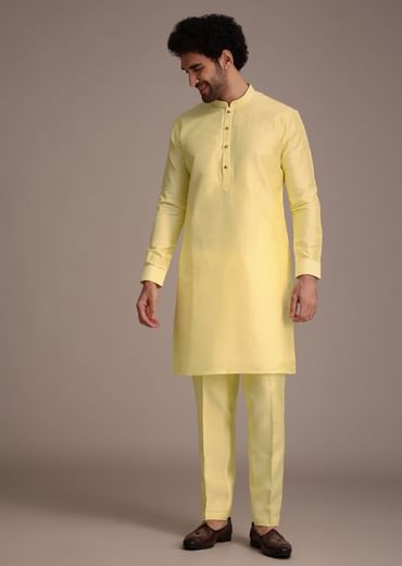 Lemon Yellow Silk Thread Work Kurta Jacket Set