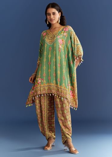 Light Aqua Green Cotton Muslin Kaftaan With Printed Dhoti