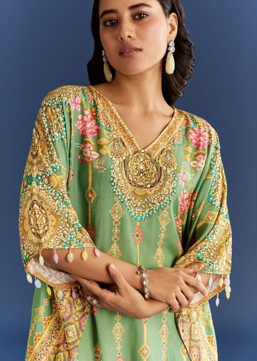 Light Aqua Green Cotton Muslin Kaftaan With Printed Dhoti