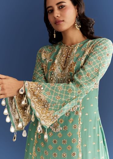 Light Aqua Green Crepe Printed Kurta Dhoti With Embroidery
