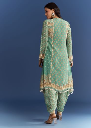 Light Aqua Green Crepe Printed Kurta Dhoti With Embroidery