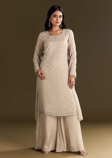 Light Beige Chinon Kurta Palazzo With Scallop Cutdana Dupatta