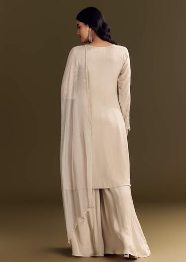 Light Beige Chinon Kurta Palazzo With Scallop Cutdana Dupatta