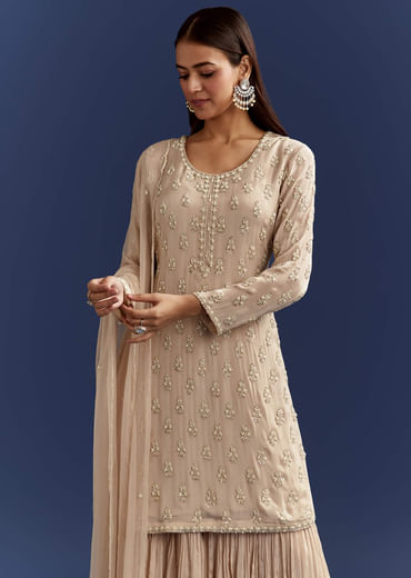 Light Beige Moti And Cutdana Kurta Dupatta With Moti Butti Sharara