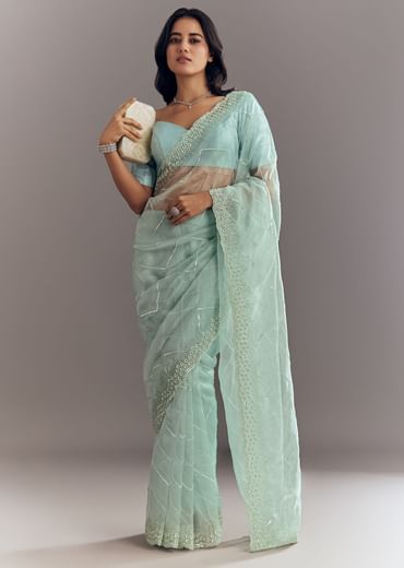 Light Blue Glass Tissue Saree With Stone Embroidery And Scallop Border