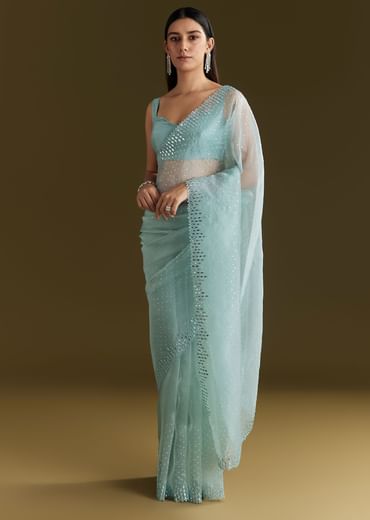 Light Blue Glossy Organza Saree With Scallop Border