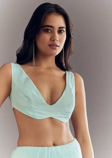 Light Blue Tissue Saree With Cutdana And Beads Embroidery And Cutwork Scallop Border
