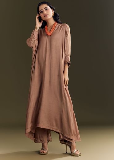 Light Brown Solid Kurta Pant Set With Orange Beaded Neckpiece