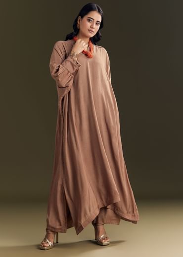 Light Brown Solid Kurta Pant Set With Orange Beaded Neckpiece