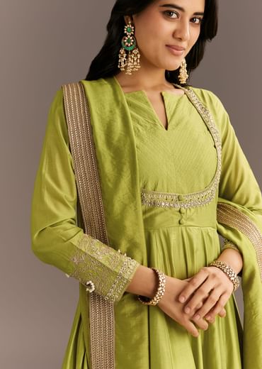Light Green Chanderi Anarkali With Gotta Moti Neckline And Lace Dupatta