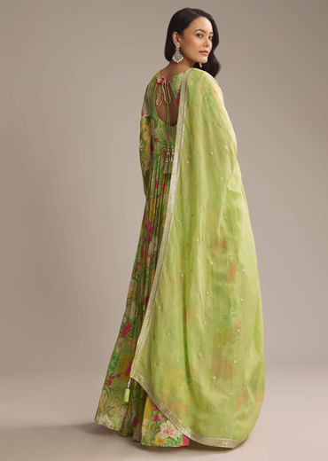 Light Green Chinon Anarkali Suit With Floral Print