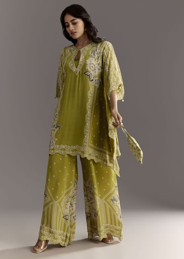Light Green Floral Printed Kaftaan Kurta With Moti Work Palazzo And Side Pouch Bag