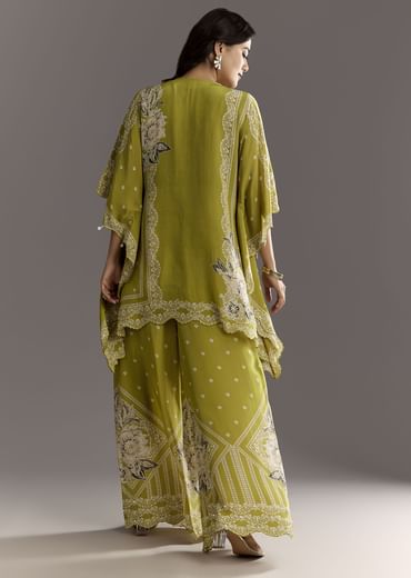 Light Green Floral Printed Kaftaan Kurta With Moti Work Palazzo And Side Pouch Bag