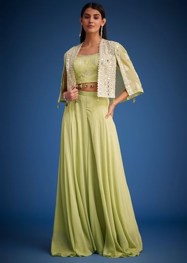 Light Green Georgette Embroidered Cape Lehenga Set