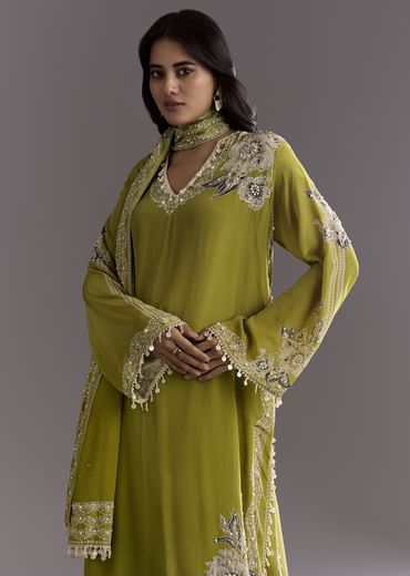 Light Green Moti Embroidered Kurta With Printed Palazzo