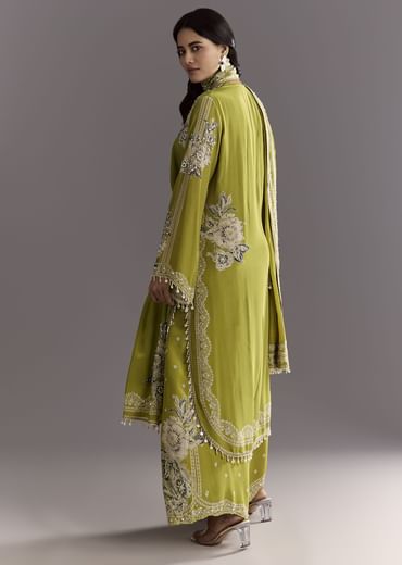 Light Green Moti Embroidered Kurta With Printed Palazzo