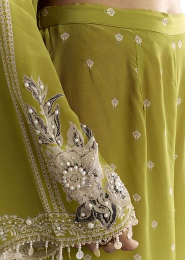 Light Green Moti Embroidered Kurta With Printed Palazzo