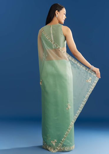 Light Green Organza Tissue Saree With Beaded Scallop Edge
