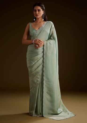 Light Green Tissue Saree With Cutdana Embroidery And Scallop Border
