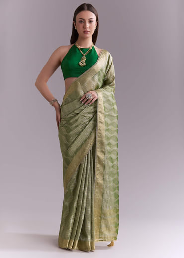 Light Green Tissue Saree With Subtle Weave And Zari Border