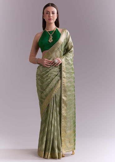 Light Green Tissue Saree With Subtle Weave And Zari Border