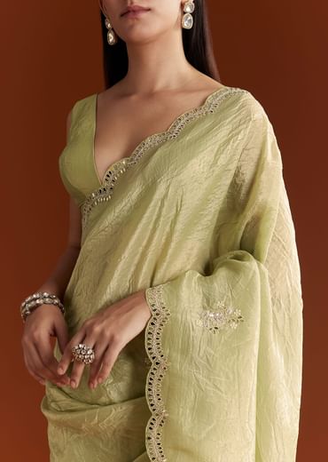 Light Green Tissue Zardosi Saree With Scallop Border
