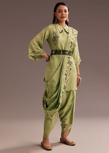 Light Green Zardosi Kurta With Embroidered Dupatta Belt