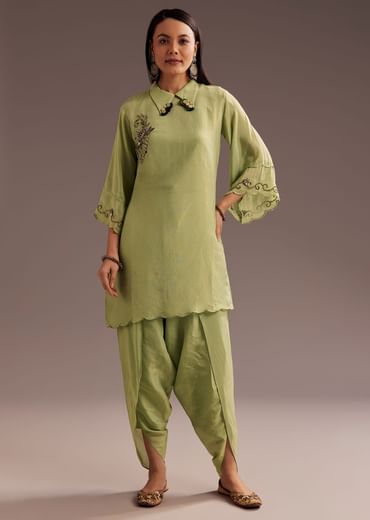 Light Green Zardosi Kurta With Embroidered Dupatta Belt