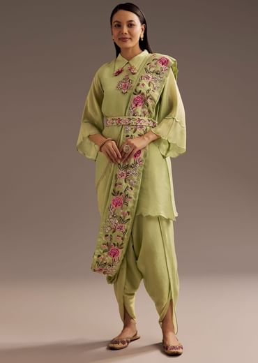 Light Green Zardosi Motif Kurta Dupatta Belt Set
