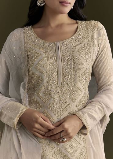 Light Grey Cutdana Zardosi Embroidered Kurta With Scallop Border Dupatta